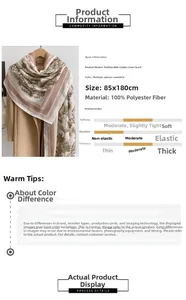 Detail view of vintage floral print scarf showing 100% polyester fabric and 85x180cm size