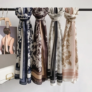 French vintage floral cotton linen long scarf for women with elegant botanical prints