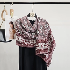 Ethnic paisley print long silk scarf in vintage mauve for elegant autumn winter styling