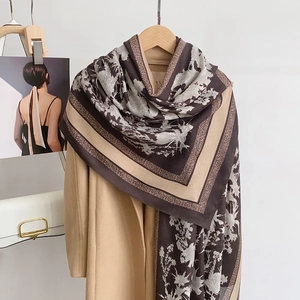 Women French Vintage Botanical Floral Printed Scarf Elegant Lightweight Polyester Shawl Large Long Wrap Decoration Accessory
