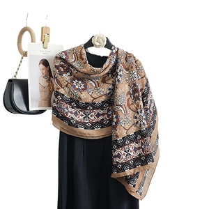 Ethnic paisley print long warm scarf wrap in vintage brown and beige for women