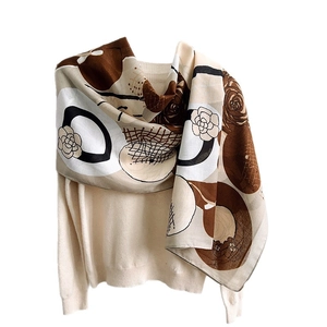 Elegant camellia flower print cotton linen scarf shawl for women in autumn winter