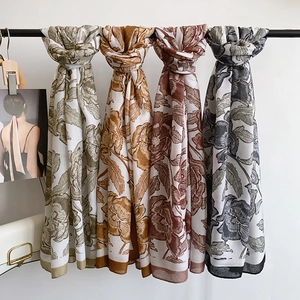 Floral print cotton linen scarves in four colors olive ginger red and black for winter