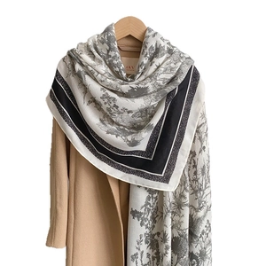 French vintage cotton linen scarf with black and white botanical prints for women