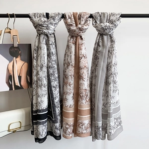 Bamboo print cotton linen scarves for women in elegant black, brown, and grey colorways