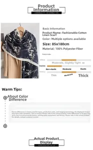 Detaillierte Größenangaben für dunkelblauen Schal mit Blattmuster aus Polyester