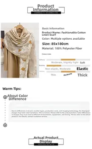 Detailed chart showing size 85x180cm and material specs for floral polyester scarf