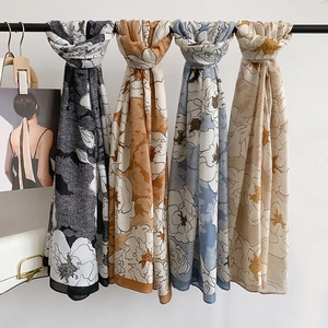 Artistic blue rose floral scarf in soft linen blend for women stylish winter pashmina