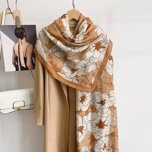 Pastoral style oversized camel shawl with large white floral prints for women