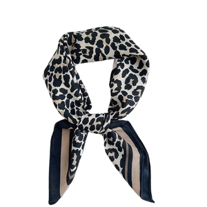 Chic leopard print silk square scarf with deep blue borders for women accessories