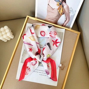 Elegant Women Square Satin Scarf Ocean Theme Seastar Shell Print Headwrap Lightweight Silky Bandana Fashion Neck Hair Wrap
