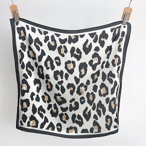 Classic leopard print cotton linen square scarf for women in coffee and grey tones