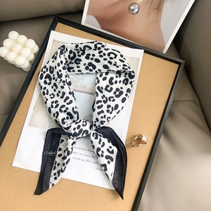 Classic black and white leopard print square silk scarf made of 100% polyester fabric