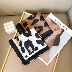 Elegant leopard print linen-silk square scarf set in brown and beige with black borders