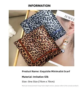 Close-up of leopard print silk scarves in brown and blue colors, size 70x70cm