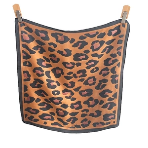 Caramel leopard print cotton linen square scarf for women in a classic neckerchief style
