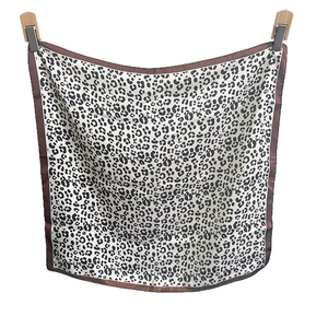 Classic leopard print square silk scarf with dark brown borders on a white background
