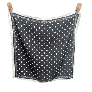 Classic black silk-like scarf with white polka dots and checkered border