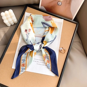 Women Elegant Flower Print Satin Square Scarf Vintage Floral Cat Pattern Neck Scarf Silk Feel Hair Bandana Accessory