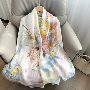 Elegant magnolia floral print silk satin scarf shawl in beige with hand-painted patterns