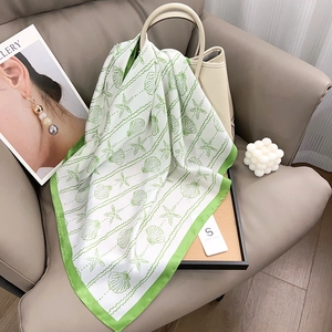 Women Elegant Ocean Theme Sea Star Shell Printed Satin Square Scarf Silk Feel Hair Bandana Neck Head Scarf For Daily Decoration