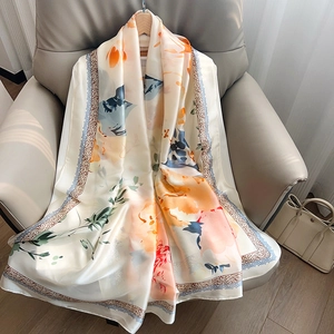 Elegant floral silk satin long scarf with artistic prints and vintage borders as a shawl