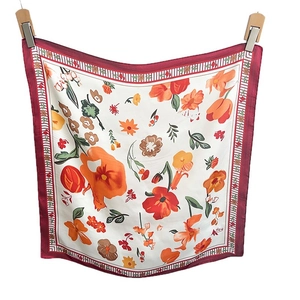 Floral ivory silk neck scarf with vintage orange flowers and deep red striped border