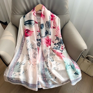Women Elegant Satin Floral Print Long Scarf Large Shawl Chinese Style Flower Pattern Lightweight Sunscreen Wrap For Lady