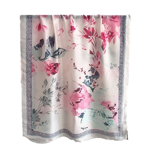 Elegant floral print long silk scarf in cream white with vintage artistic patterns