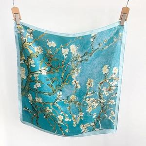 Detailed macro view of Van Gogh Almond Blossom print on satin silk square scarf