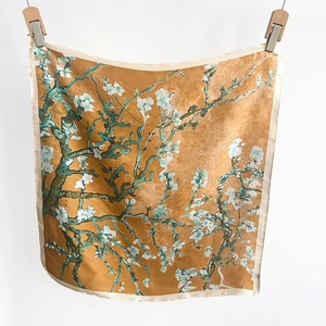 Detail of silk satin square scarf featuring vintage Van Gogh almond blossom floral print