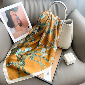 Van Gogh Almond Blossom Print Square Scarf Faux Satin Satin Elegant Artistic Women Neck Scarf Retro Headband Hair Scarf