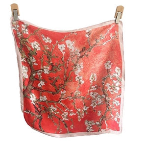 Silk-like orange floral square scarf with almond blossom print and pink border
