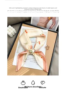 Detailed view of floral satin scarf with cherry patterns and elegant pink-orange borders