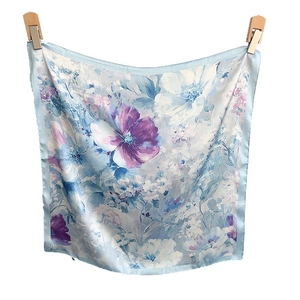 Elegant floral silk satin square scarf with blue and purple botanical print pattern