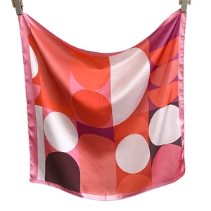 Fashionable geometric print silk square scarf for women in pink, orange and purple