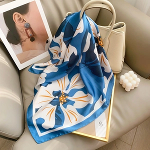 Elegant Floral Print Square Scarf Simulated Satin Polyester Hair Band Neck Wrap Bag Accessory French Vintage Fashion Women