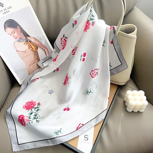Floral silk square scarf with red roses and cherries on ivory base with gray borders