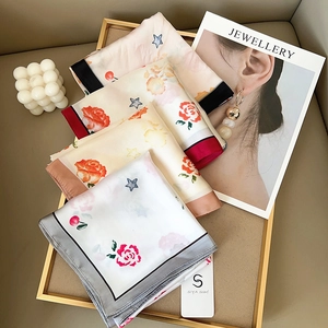 Elegant floral silk-feel square scarves set in gray, red, and brown with flower patterns