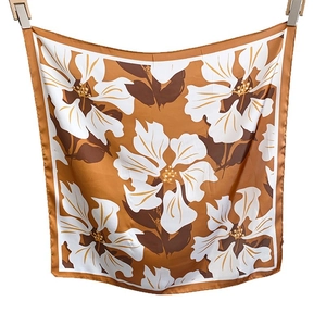 Floral print square silk scarf with vintage brown background and elegant white flowers