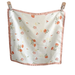 Elegant floral square silk scarf with rose and cherry print on white background