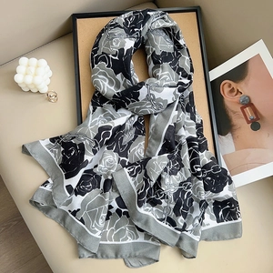 Elegant Women Polyester Scarf Retro Rose Flower Chain Print Large Shawl Lightweight Satin Feel Wrap For Fall Winter Fashion