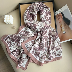 Elegant cotton linen scarf with vintage rose and chain print in earthy tones