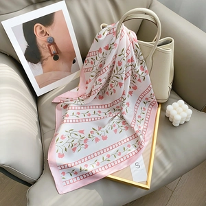 Elegant Floral Square Scarf Breathable Simulated Satin Headband Fashion Neck Wrap Decorative Handbag Accessory For Women