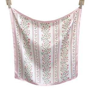 Elegant white floral silk square scarf with pink floral vine patterns and border decoration