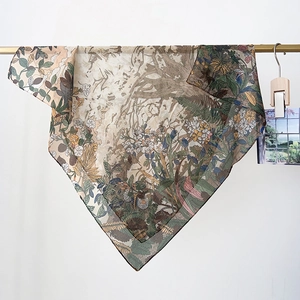 Macro view of floral pattern and sheer texture on a high-end square silk scarf