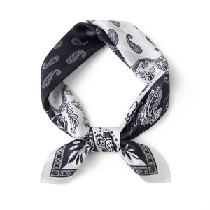 Detailed view of 100% mulberry silk square scarf with classic black and white paisley print