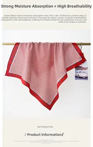 Detail view of cotton square scarf with red stripes and blue polka dot borders