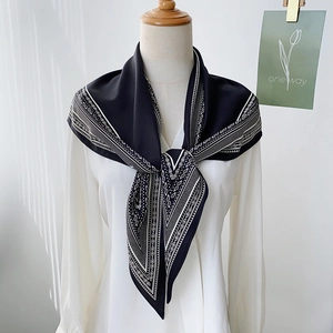 Chic black and white geometric pattern satin triangle scarf with bohemian polka dot design