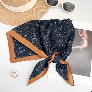 French cotton floral headscarf in green and dark tones with stylish brown border detail